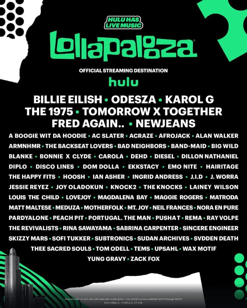 Lollapalooza 2023 Livestream Broadcasts on Hulu From Aug. 36 — DJ Life